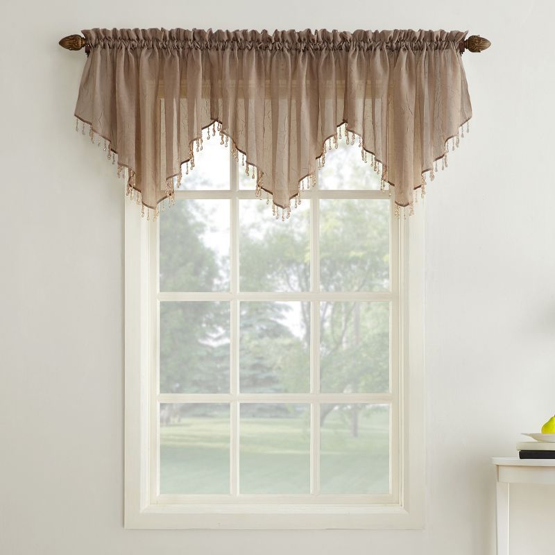 Taupe Crushed Sheer Voile Beaded Ascot Curtain Valance, 51x24