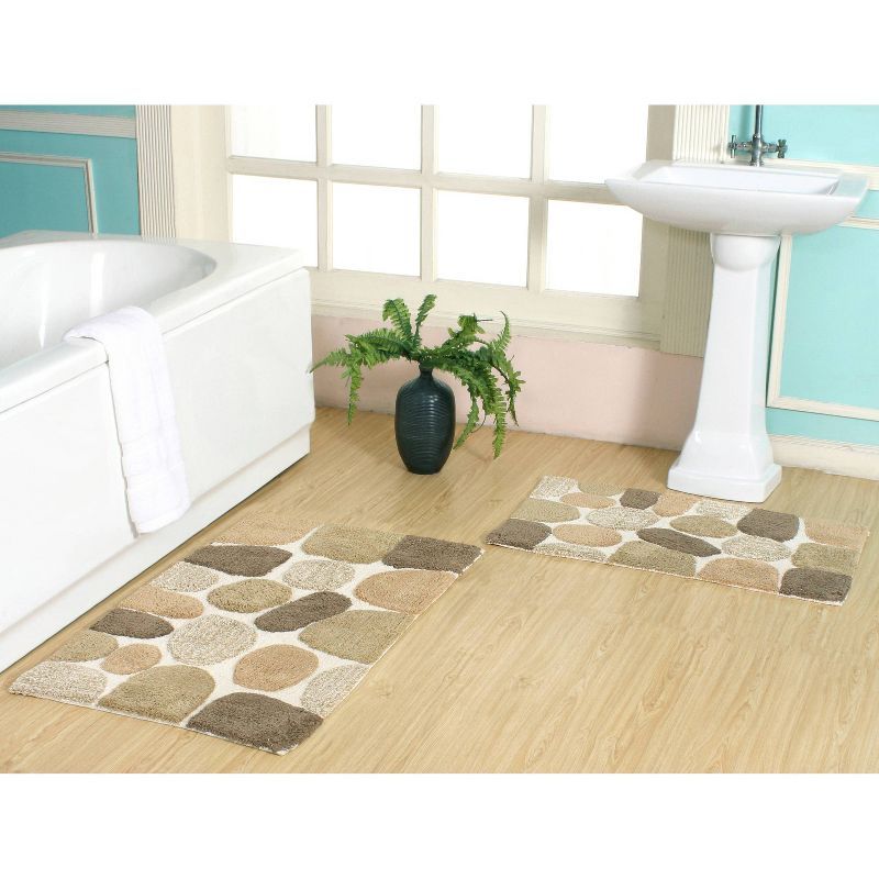 Pebble Pattern Beige and Brown Cotton Bath Rug Set