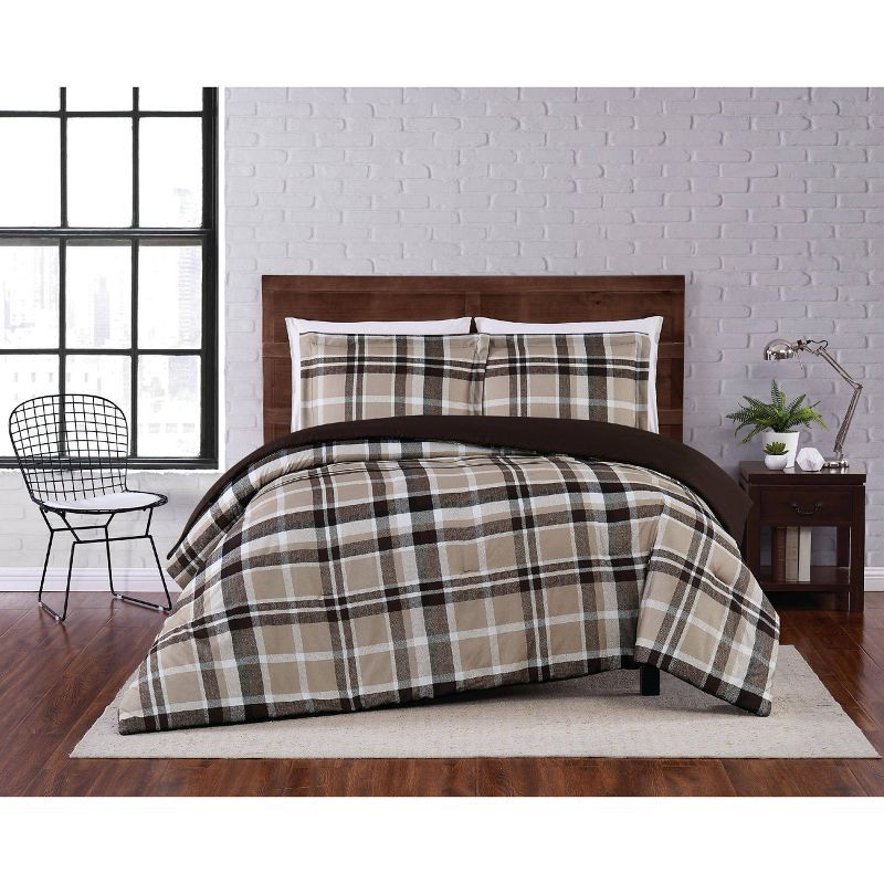 Taupe Plaid Microfiber Full Comforter Set with Shams