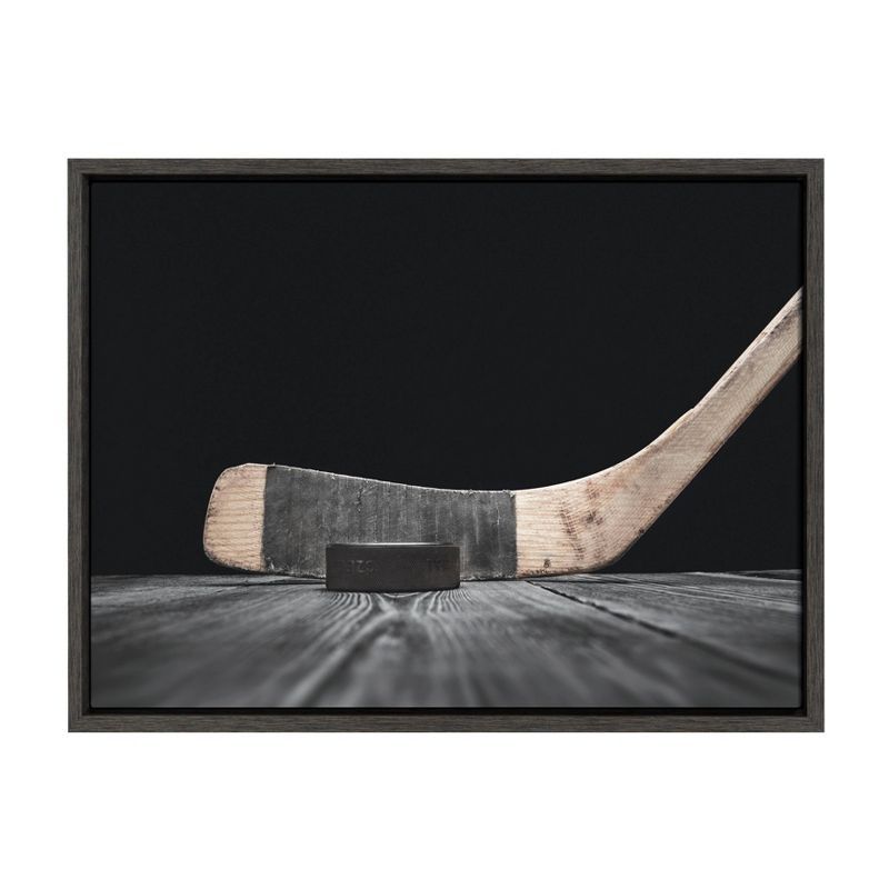 Vintage Hockey Stick and Puck Framed Canvas Wall Art