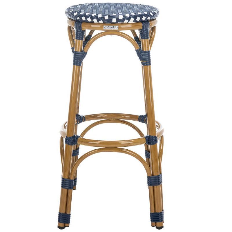 Navy and White Rattan Armless Outdoor Bar Stool