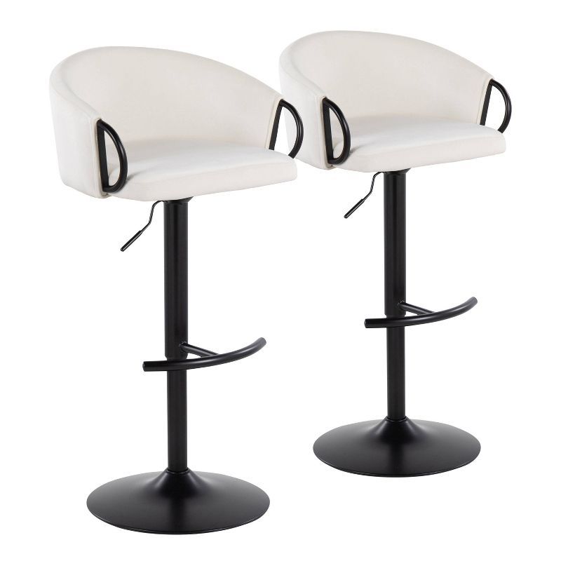 Set of 2 Adjustable Black Metal and Cream Velvet Swivel Barstools