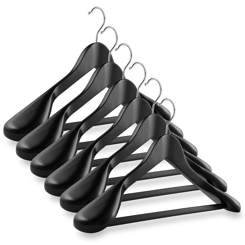 Black Wide Shoulder Wooden Suit Hangers with Non-Slip Bar, Set of 6