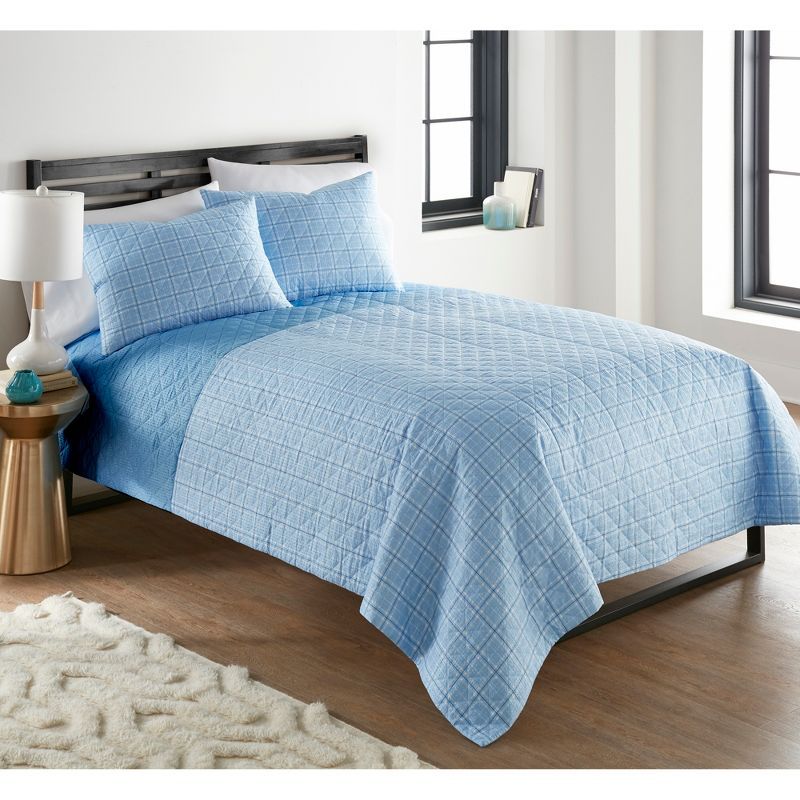 Carlton Plaid Blue King Reversible Polyester Quilt Set