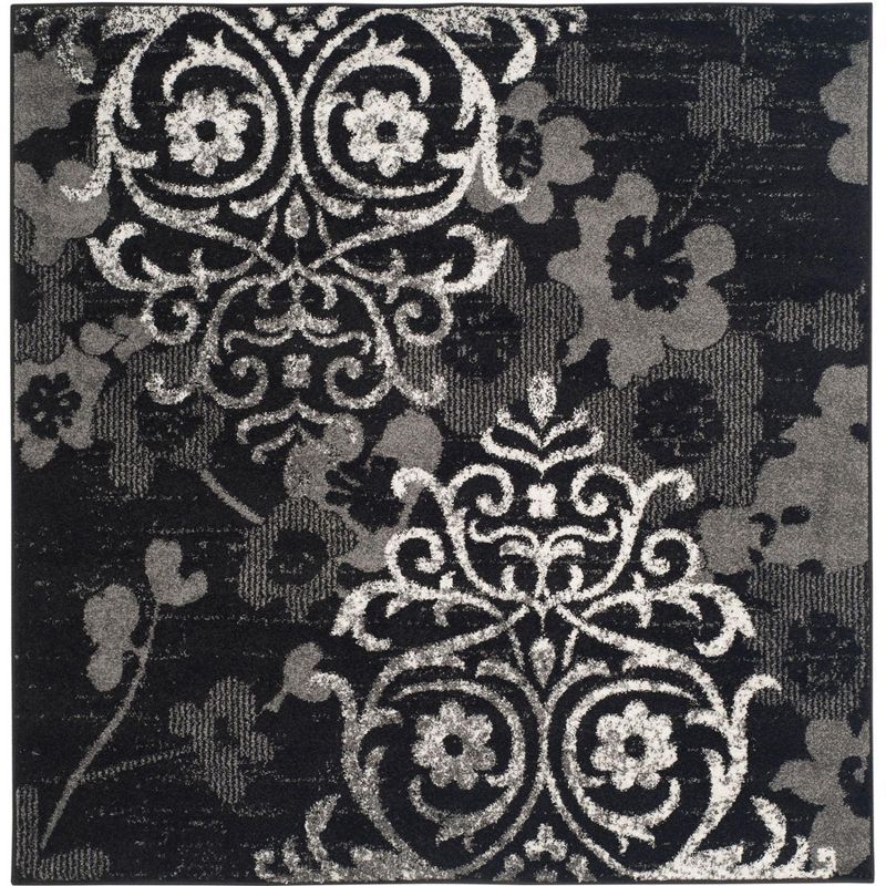 Black and Silver Floral Square Area Rug