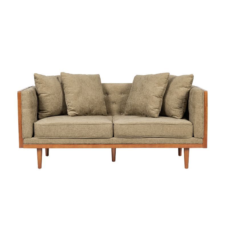 Mid-Century Modern Dark Beige Fabric Loveseat with Walnut Frame