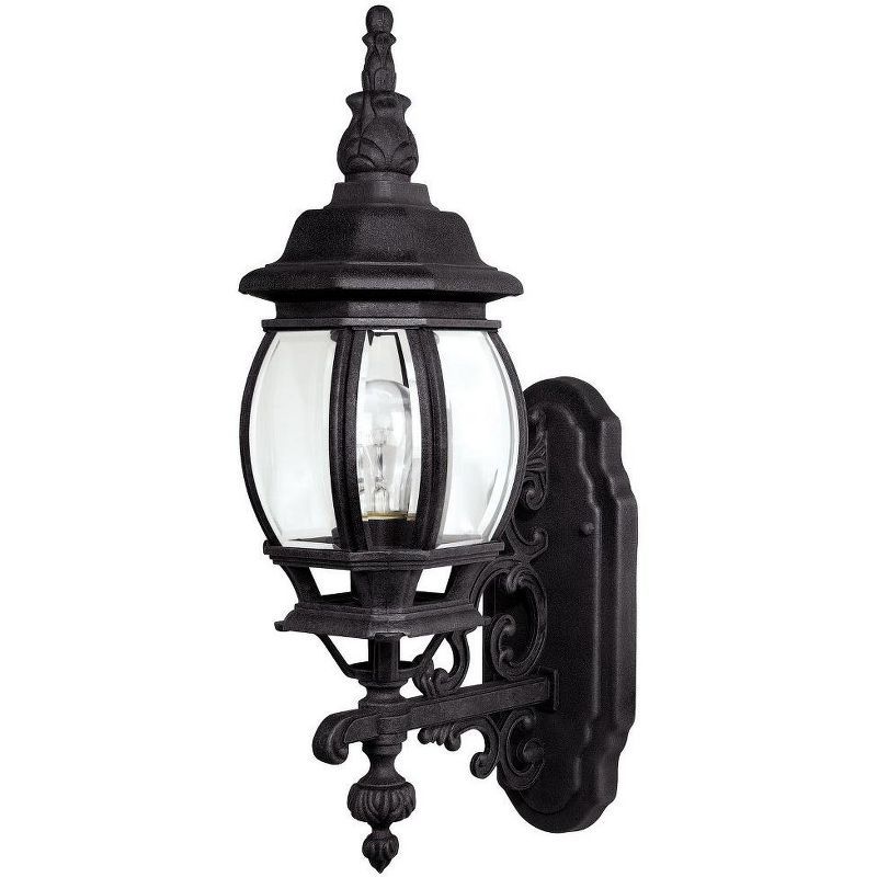 French Country Black Metal Outdoor Wall Lantern with Clear Glass