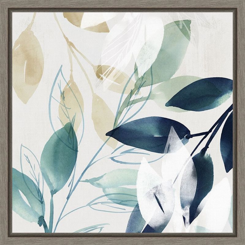 Modern Blue and Green Abstract Botanic-Inspired Framed Canvas Wall Art 16x16