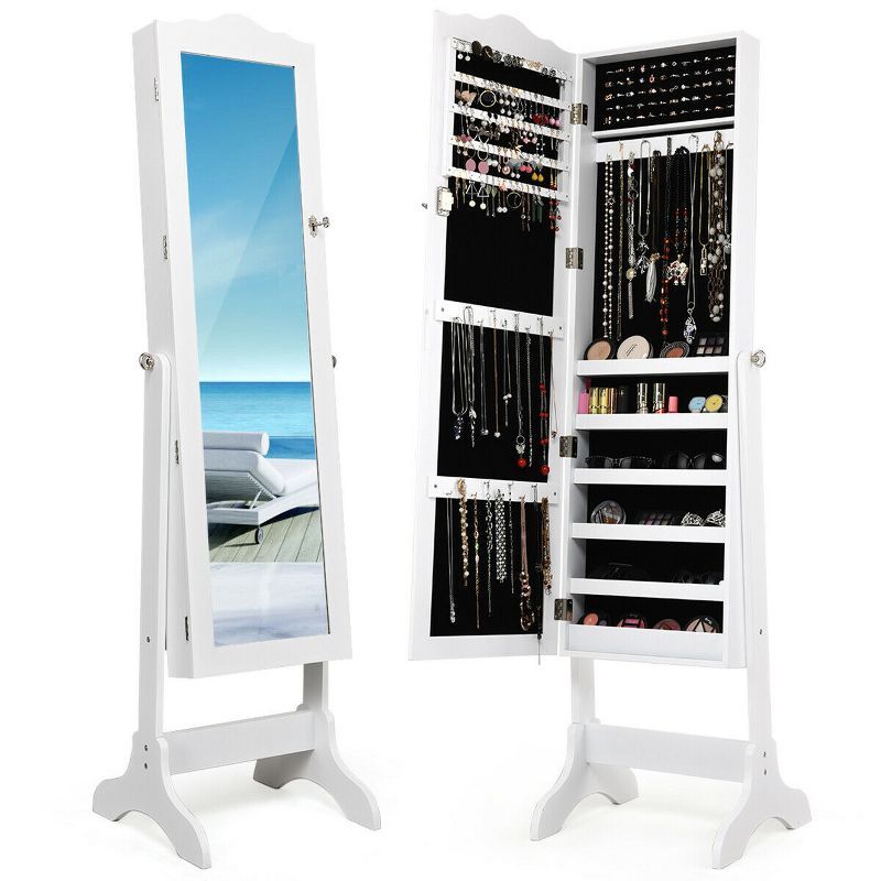 White Lockable Mirrored Jewelry Cabinet Armoire with Drawers