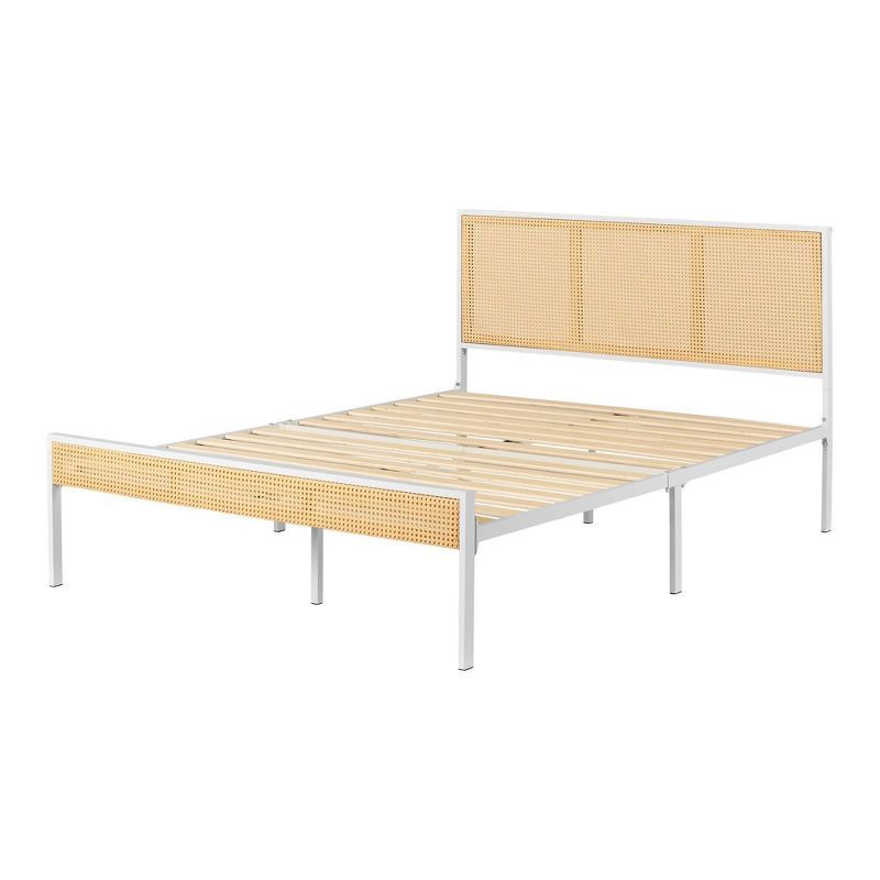 Full White and Natural Metal Platform Bed with Cane Headboard