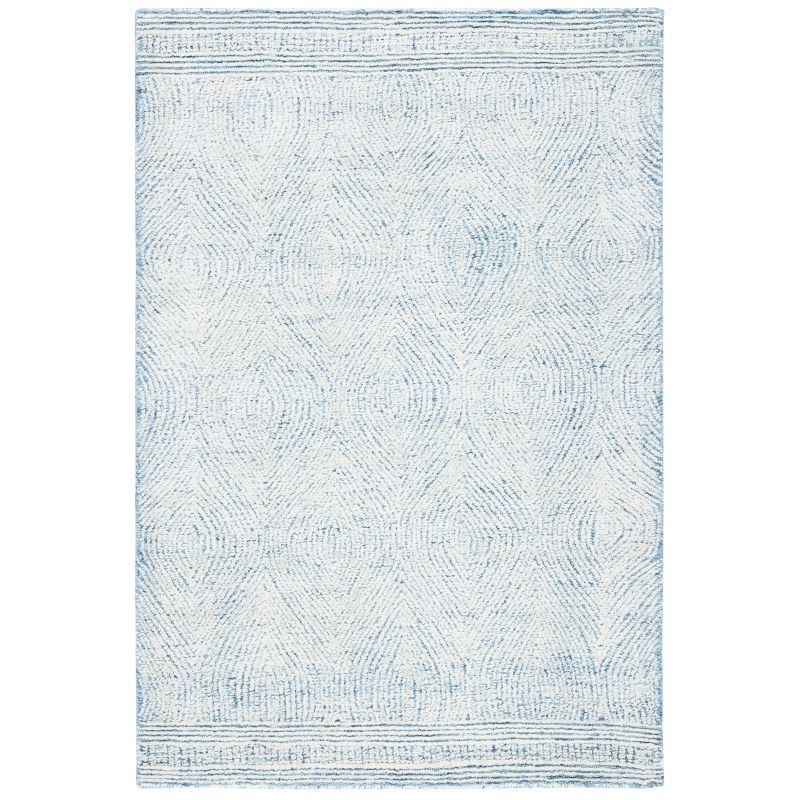 Ivory and Blue Abstract Handmade Wool Rug, 3' x 5'