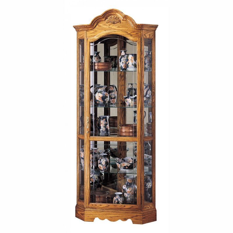 Golden Oak Lighted Corner Curio Cabinet with Glass Shelves