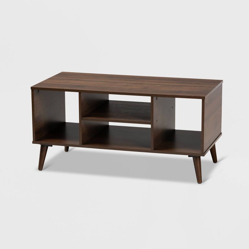 Linas Mid-Century Walnut Wood Coffee Table with Shelves