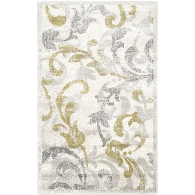 Ivory and Light Grey Floral Scroll Synthetic Area Rug