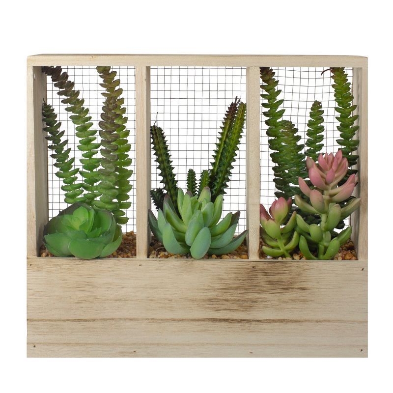 Chic 12" Faux Succulent Garden in Wooden Planter