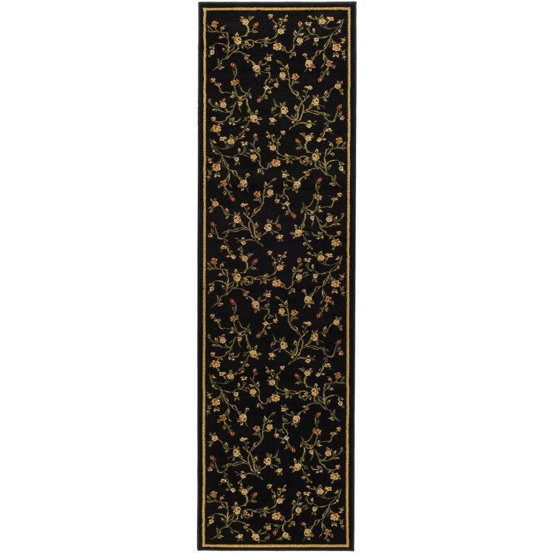 Black Floral Synthetic Low Pile Runner Rug