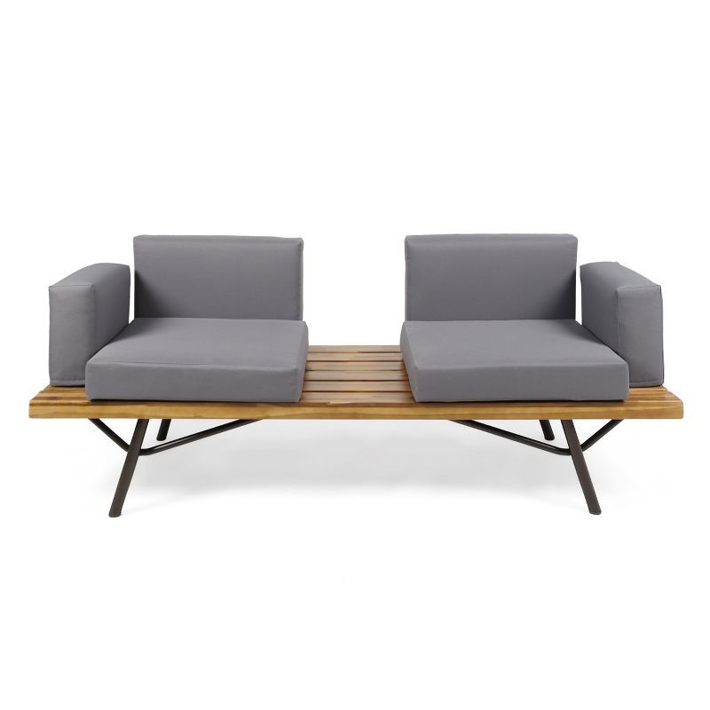 Teak and Dark Gray Acacia Wood 2 Seater Outdoor Sofa with Cushions