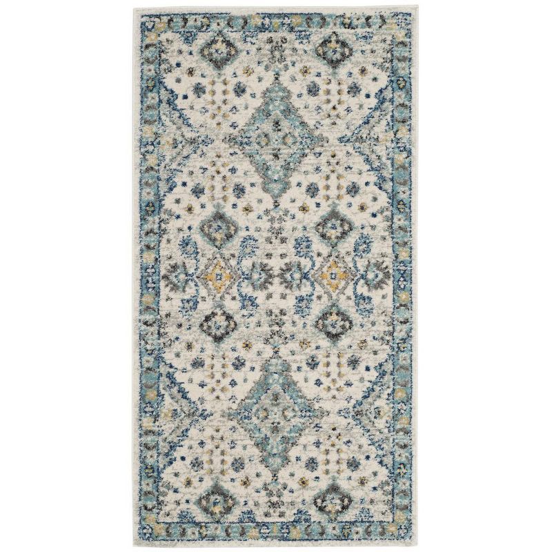 Ivory and Light Blue High Pile Synthetic Small Rug