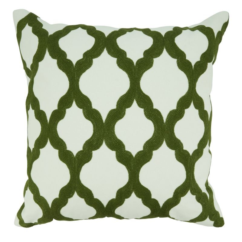 Green and White Cotton Embroidered Square Throw Pillow