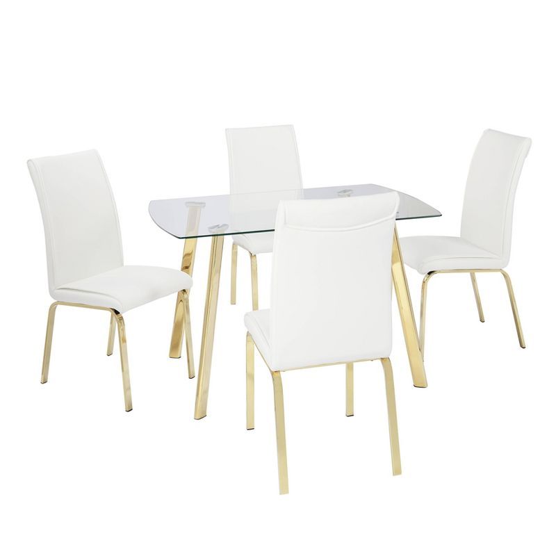 White Faux Leather and Gold 5-Piece Dining Set with Glass Top