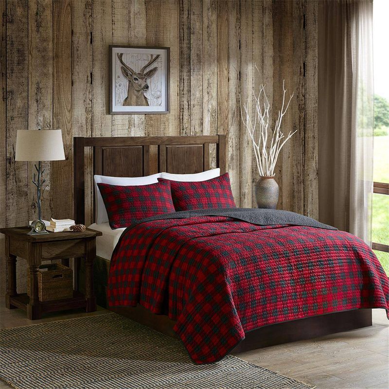 King Red Cotton Reversible Buffalo Check Quilt Set