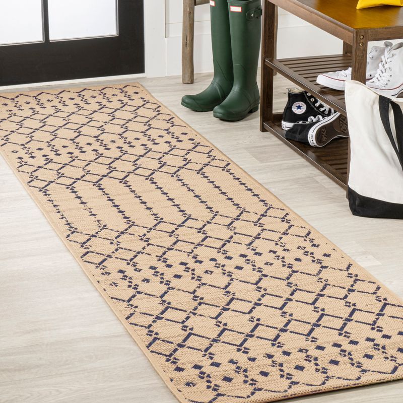 Beige and Navy Moroccan Geometric Flatweave Runner Rug