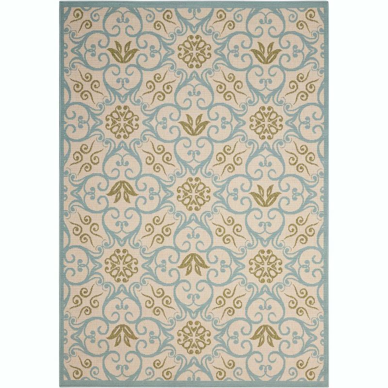 Ivory and Blue Floral Synthetic 9'3" x 12'9" Round Area Rug