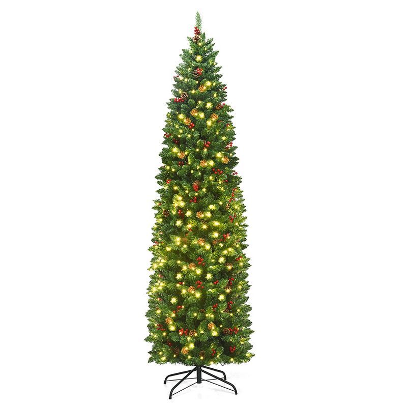 7.5FT Green PVC Slim Pencil Christmas Tree with LED Lights and Pine Cones