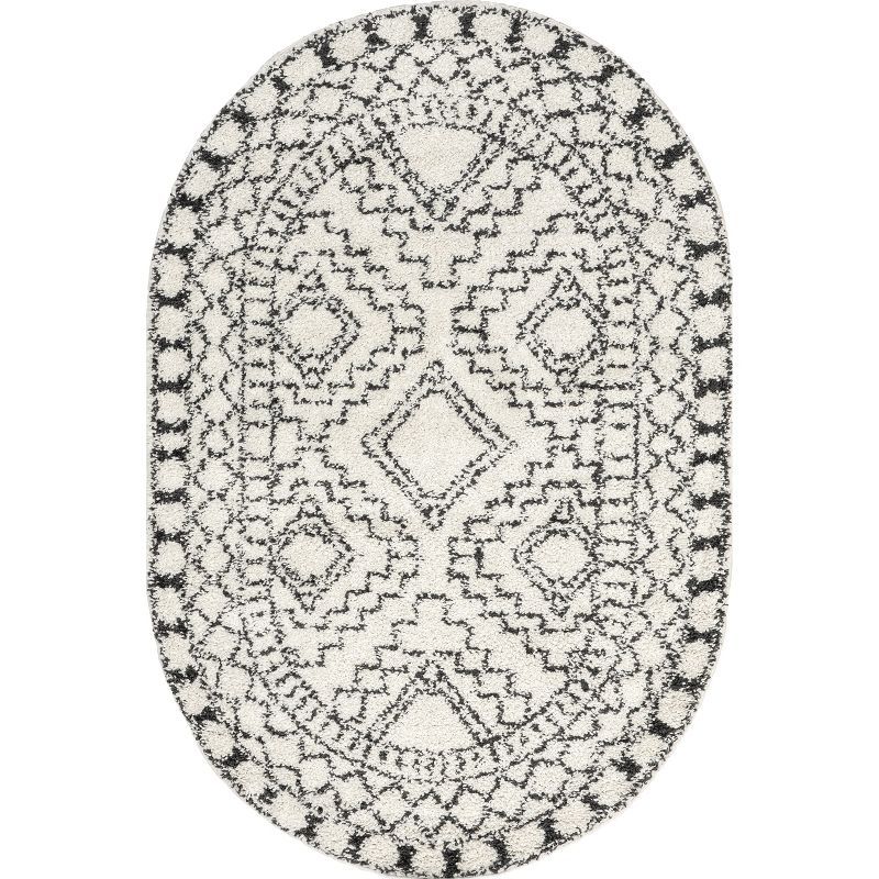 Off-White Synthetic Oval Shag Rug with Braided Tassels, 5' x 8'