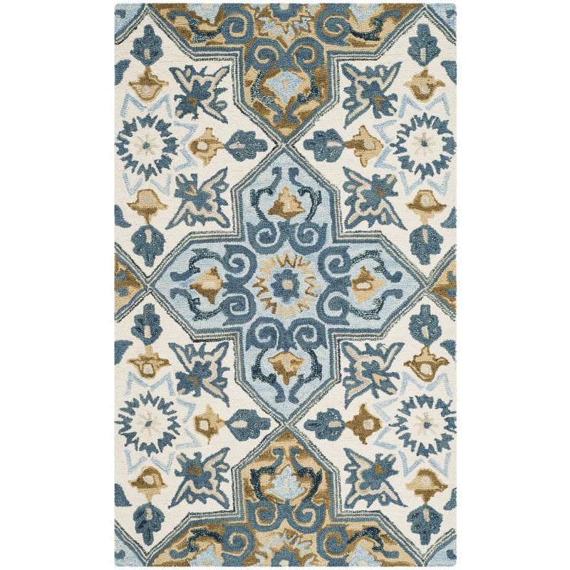 Ivory and Blue Floral Hand-Knotted Wool Area Rug 3' x 5'