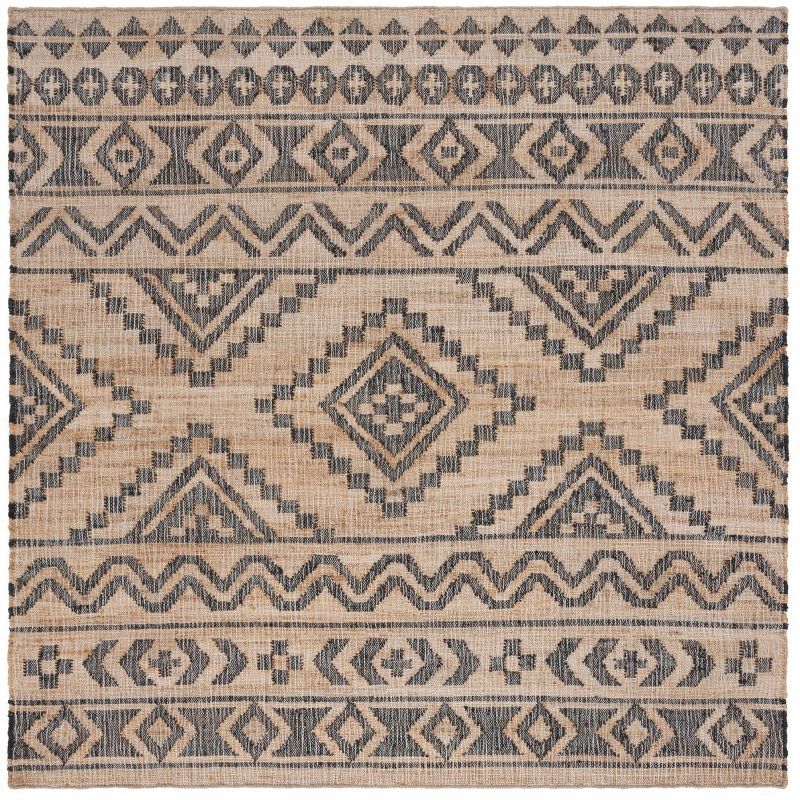 Gray and Natural Cotton Handmade Kilim Rug, 7' Square