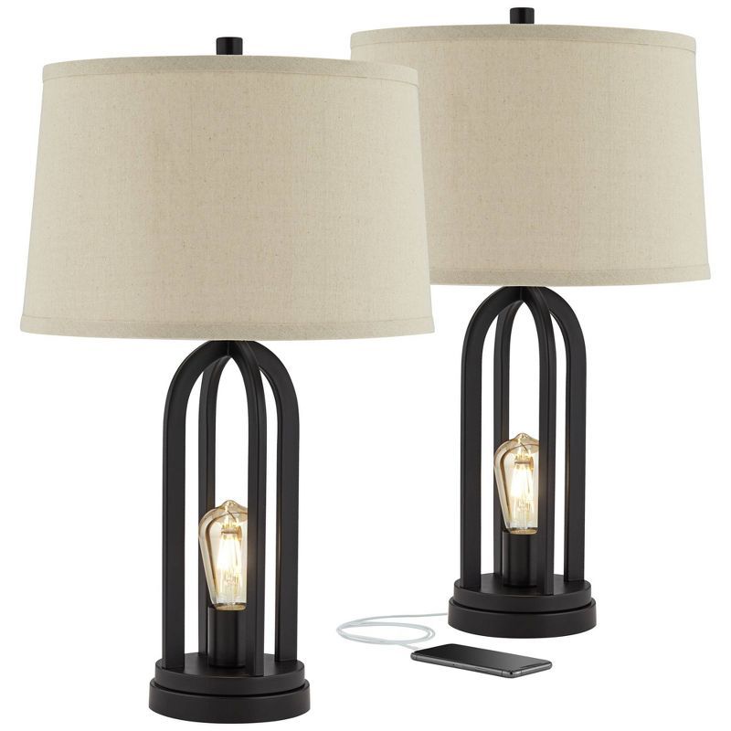 Marcel Black Metal Table Lamps with Natural Linen Shades and USB Ports