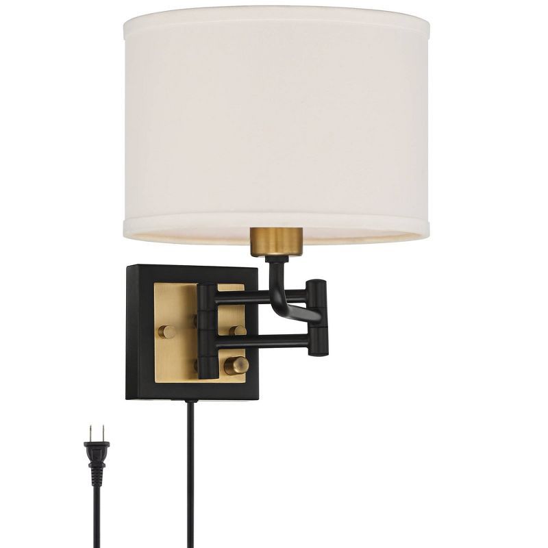 Joelle Antique Brass and Black Swing Arm Wall Lamp with White Shade