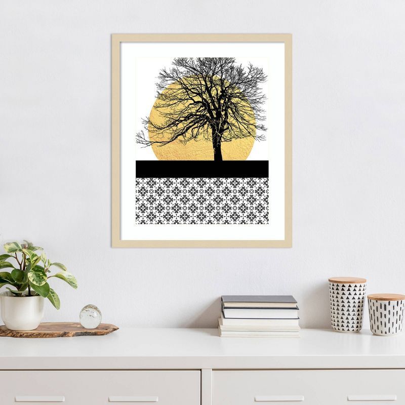 Yellow Moon Rising I Framed Abstract Print in Natural Wood