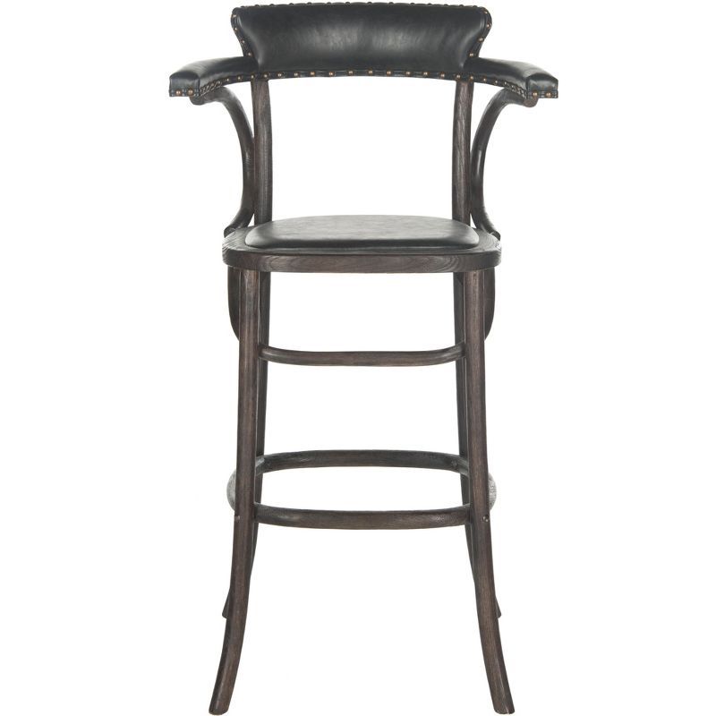 Antique Black Oak and Metal Transitional Bar Stool with Brass Nail Heads