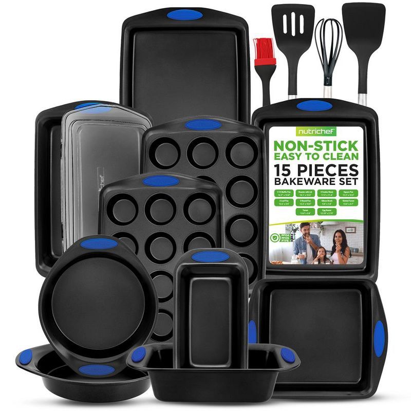 NutriChef 15-Piece Nonstick Carbon Steel Bakeware Set with Blue Handles