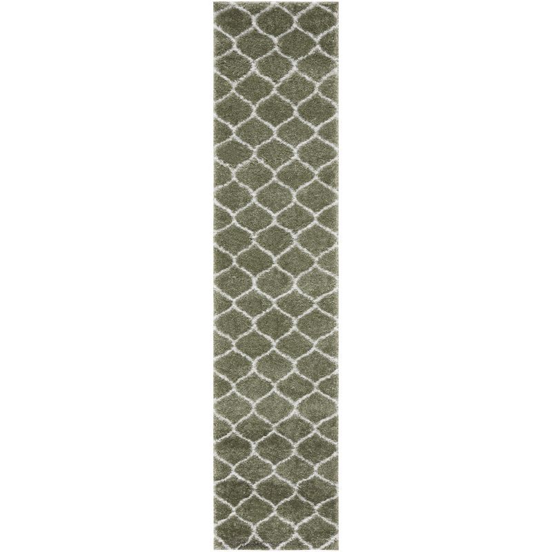 Sage and White Geometric Shag Runner Rug 2' x 9'