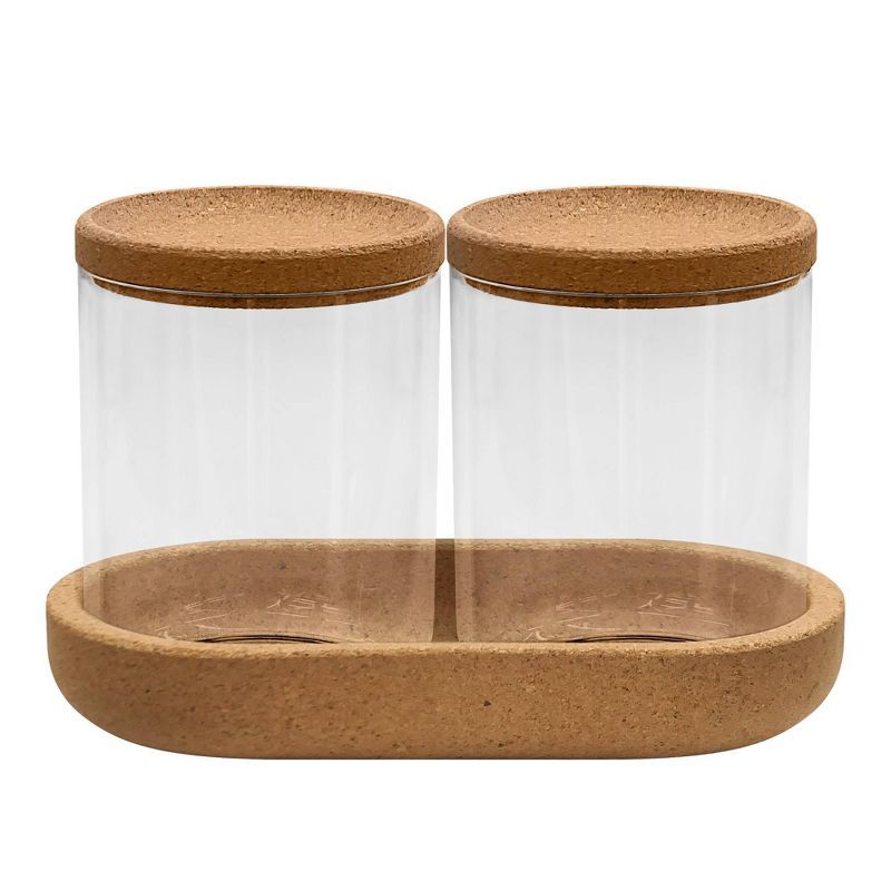 Clear Plastic Canisters with Cork Lids and Tray