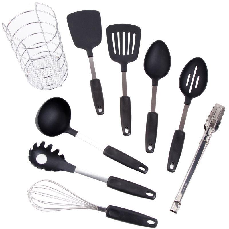 Gibson 9-Piece Black and Silver Nylon Kitchen Utensil Set with Wire Caddy