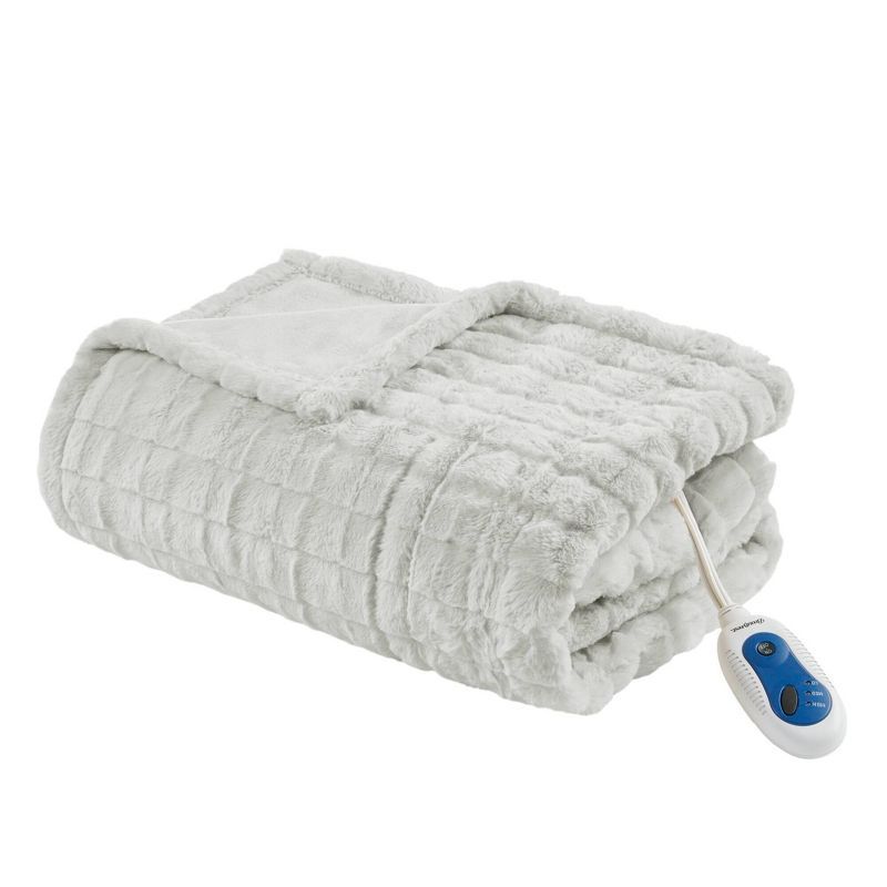 Oversized White Faux Fur Electric Heated Throw Blanket