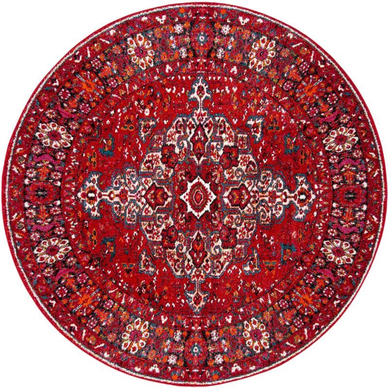 Vintage Red and Multi Synthetic Round Area Rug, 3' Diameter
