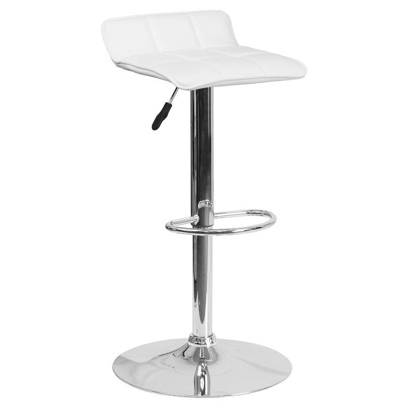 White Vinyl Adjustable Swivel Backless Barstool with Chrome Base