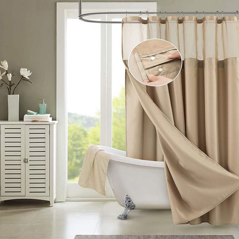 Mocha Waffle Weave Fabric Shower Curtain with Detachable Liner
