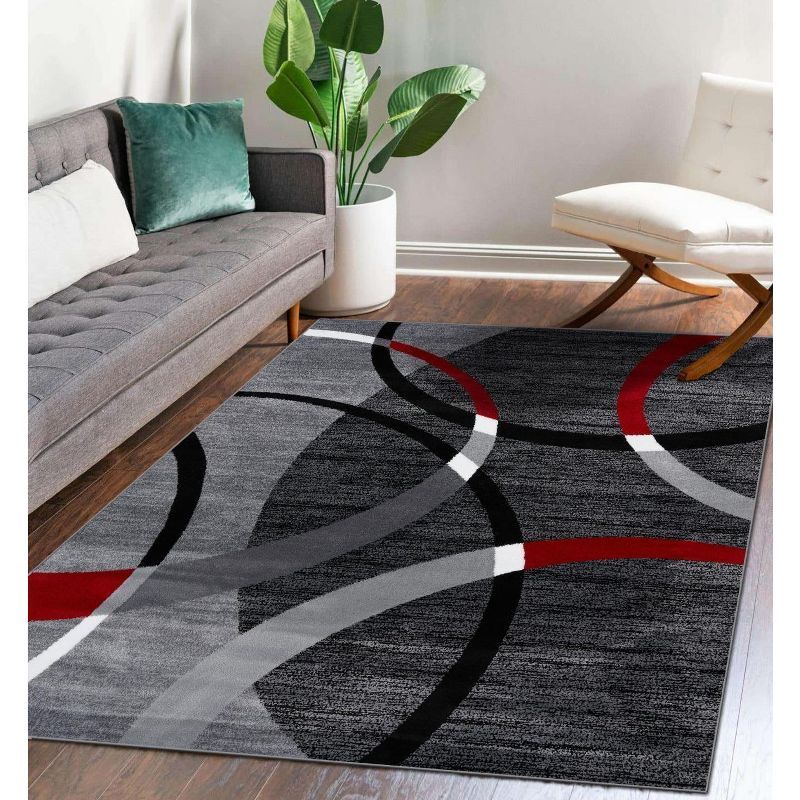 Gray and Red Abstract Geometric 2x3 Stain-Resistant Area Rug