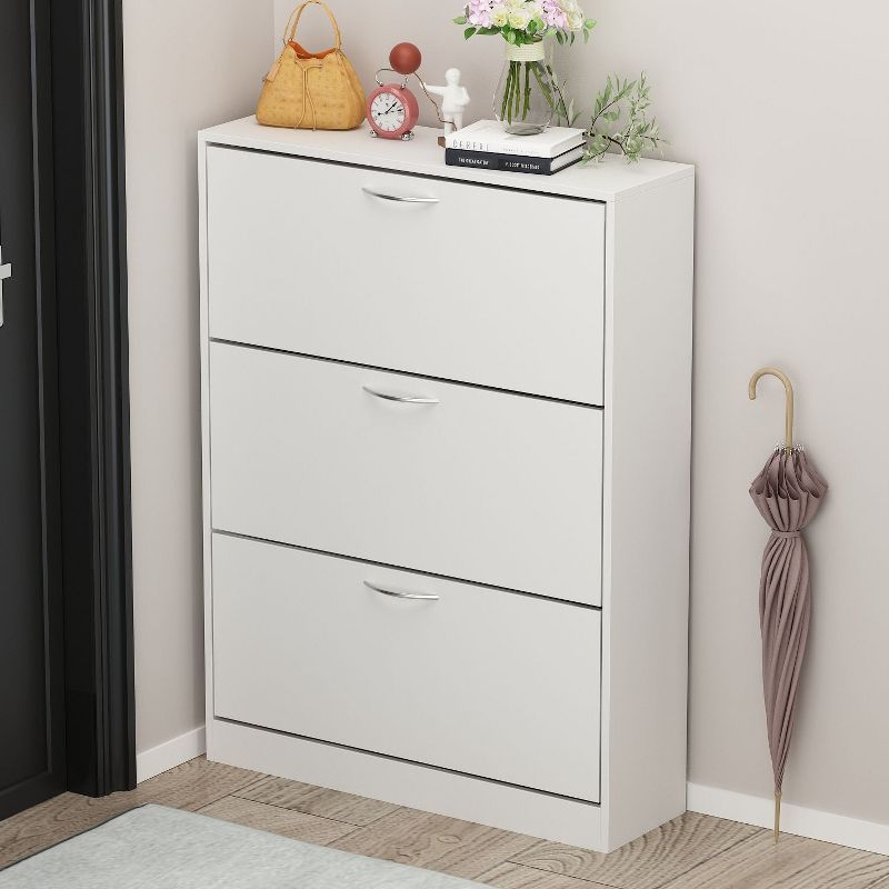 White MDF 3-Drawer Shoe Storage Cabinet with Metal Handles