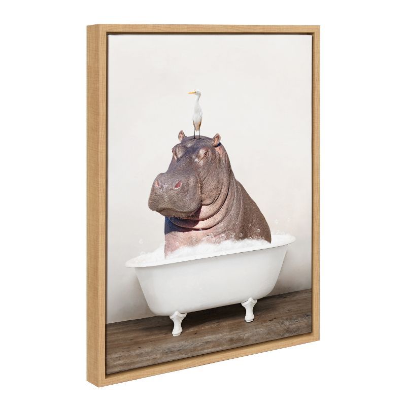 Whimsical Hippo and Bird in Bath Canvas Art