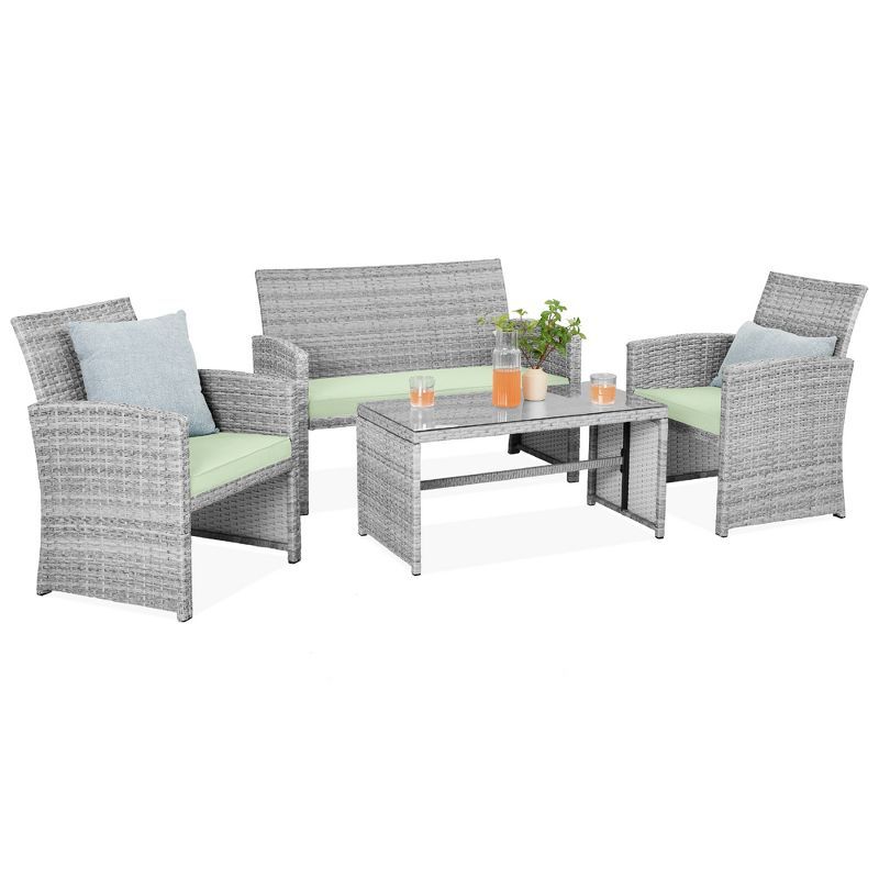 Gray Wicker 4-Piece Patio Conversation Set with Light Mint Cushions