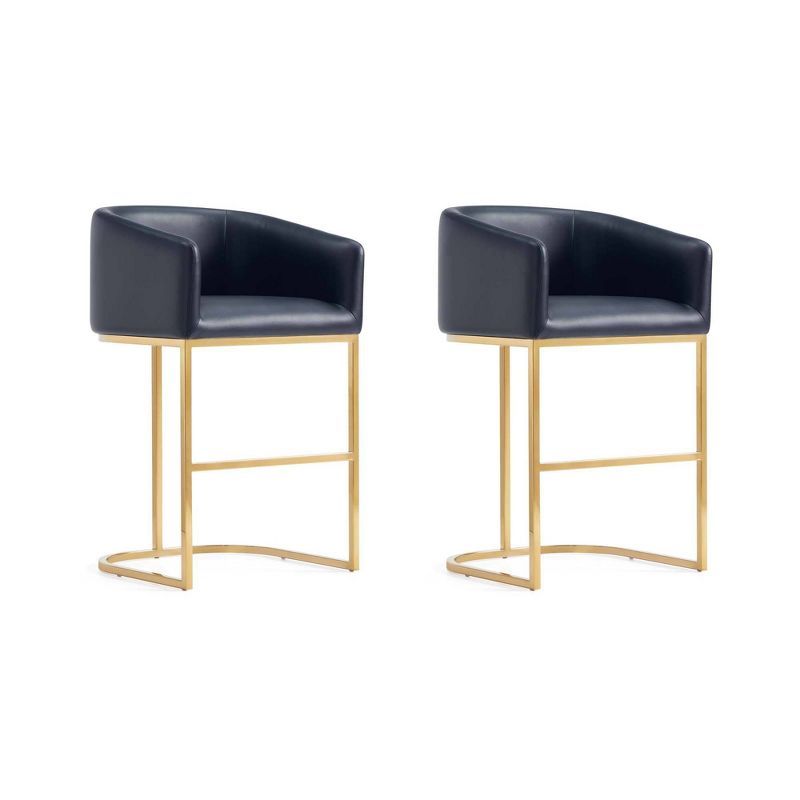 Black Leather and Gold Metal Counter Height Barstools, Set of 2