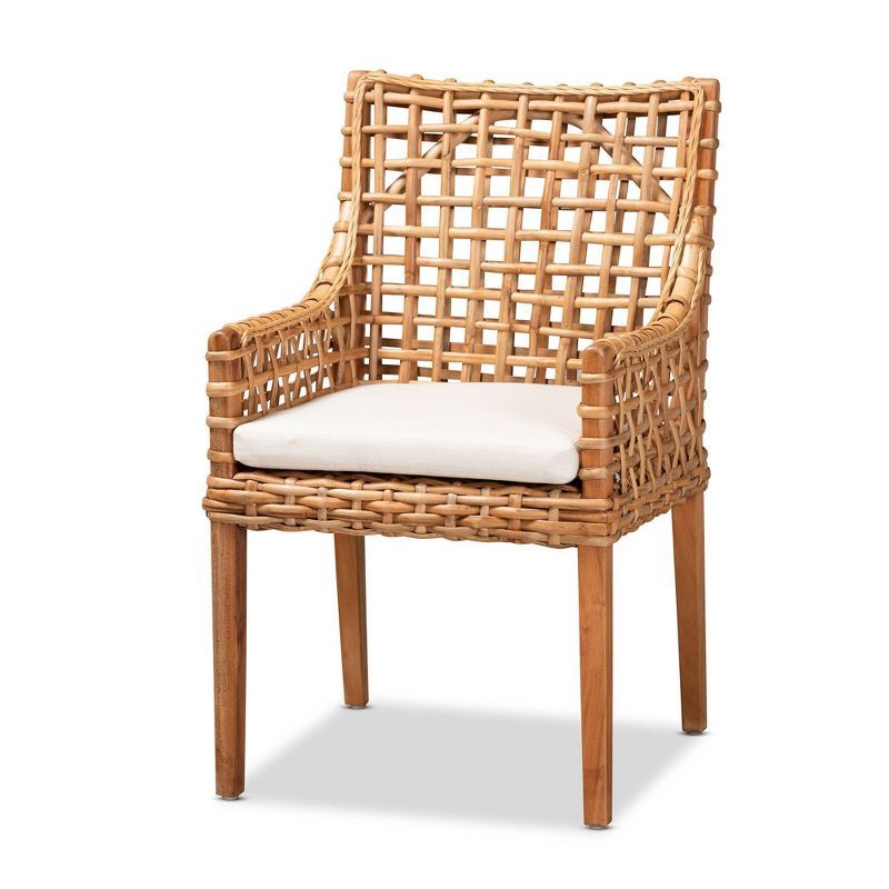 Handcrafted Indonesian Rattan and Wood Armchair with Plush Cushion