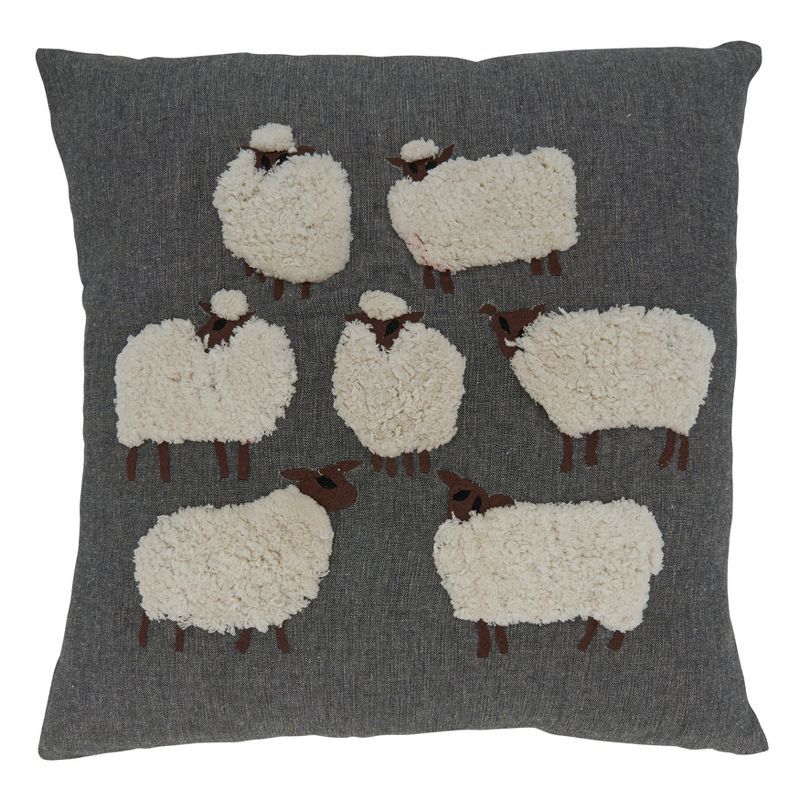 Gray Square Embroidered Sheep Cotton Throw Pillow